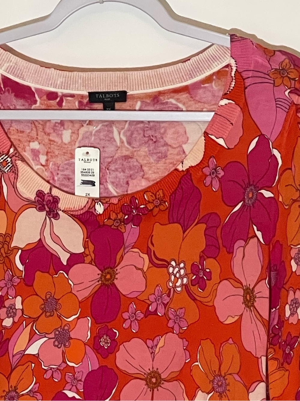 NWT Talbots Tossed Flowers Pink Orange Retro Floral Cotton Blend Sweater 2XL - Picture 3 of 8